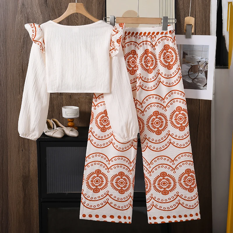 Girls Spring Autumn 2Pcs Outfit for 8-12Y, Square Neck Ruffle Sleeve Crop Top and Retro Print Wide Leg Pants Kids Daily Suit