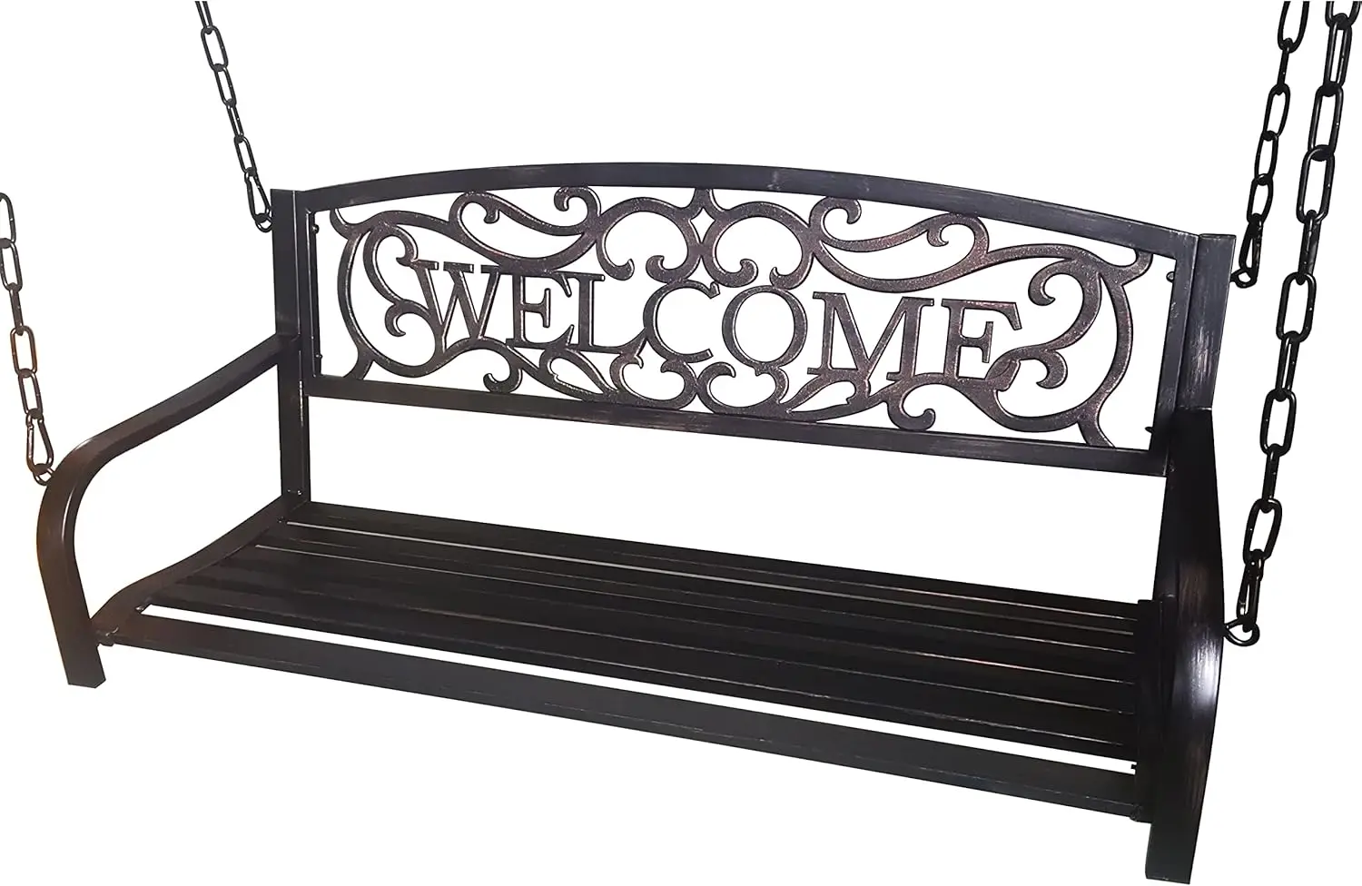 

2-Person Metal Outdoor Porch Swing, Hanging Steel Patio Bench Garden Deck w/Welcome Message, 500lb Weight Capacity - Bronze