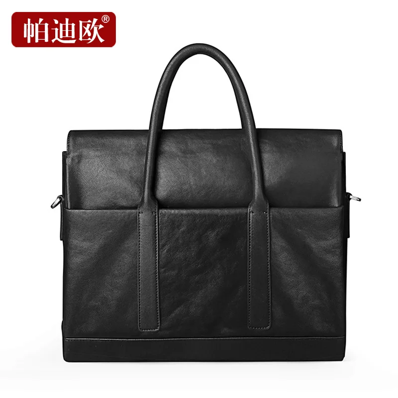 Padieoe Fashion Cowhide Male Business Men Briefcase Bag Luxury Leather Laptop Bag Man Black Handbag Large Capacity Shoulder Bag