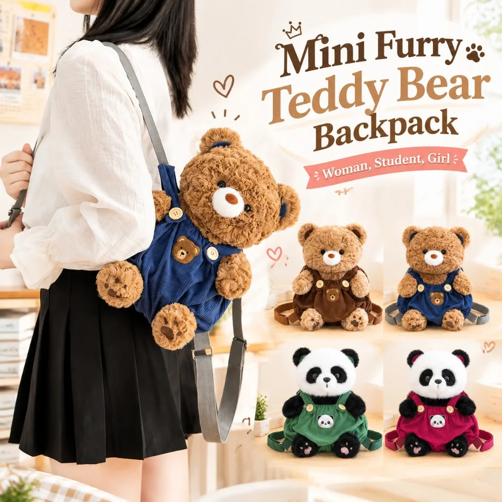 Furry Teddy Bear Backpack Lightweight Adjustable Straps Panda Storage Pouch Versatile Portable Stuffed Toy Bag