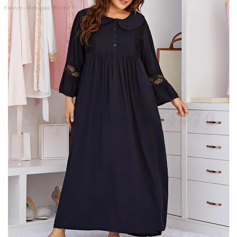 

Autumn New Plus Size 5XL Nightdress Sweet Elegant Doll Collar Sleepwear Home Dressing Long Sleeved Lace Nightgown Lounge Wear