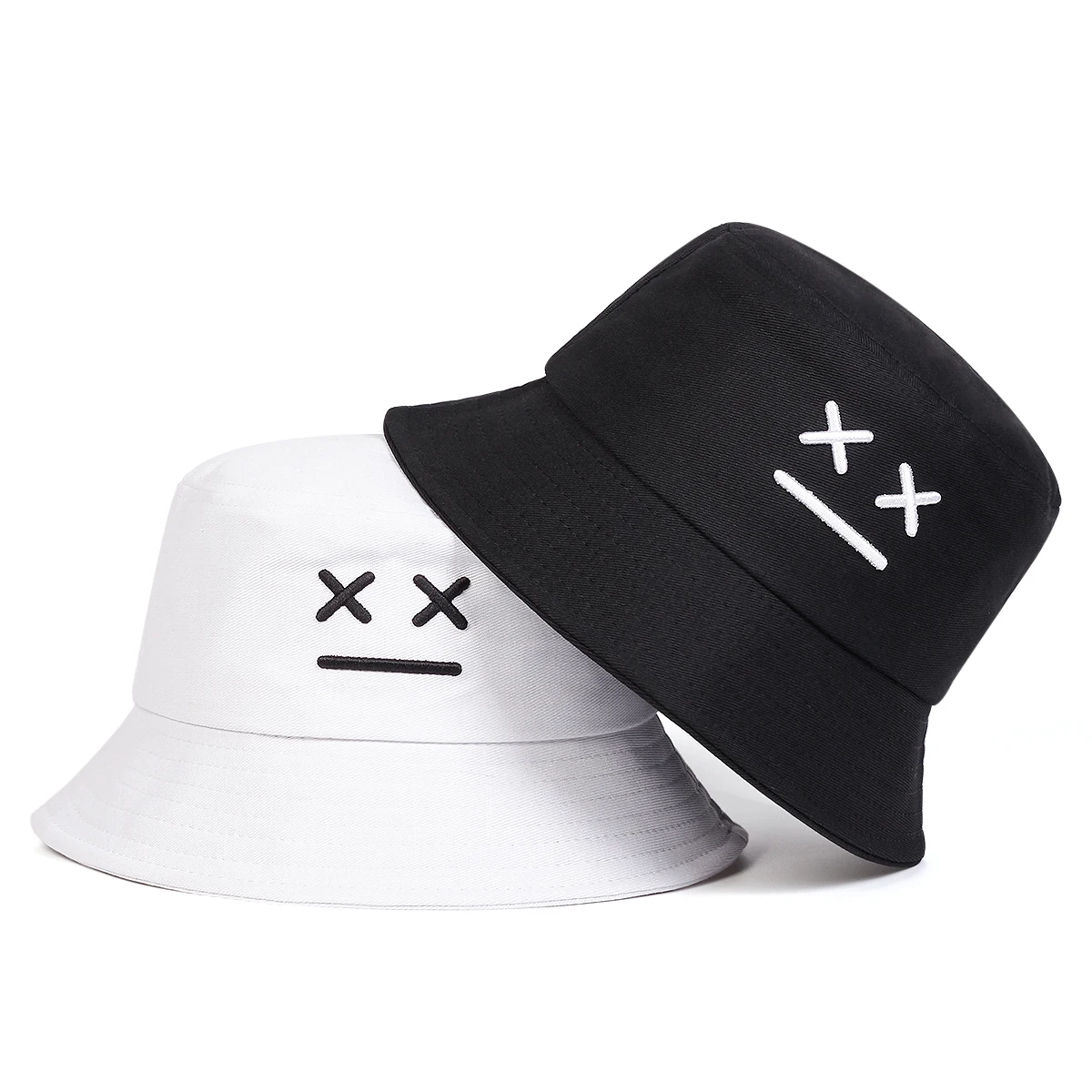 Unisex XX Smiling Face Embroidery Personality Bucket Hats Fishermen Caps Outdoor Casual Cap Sunscreen Hat