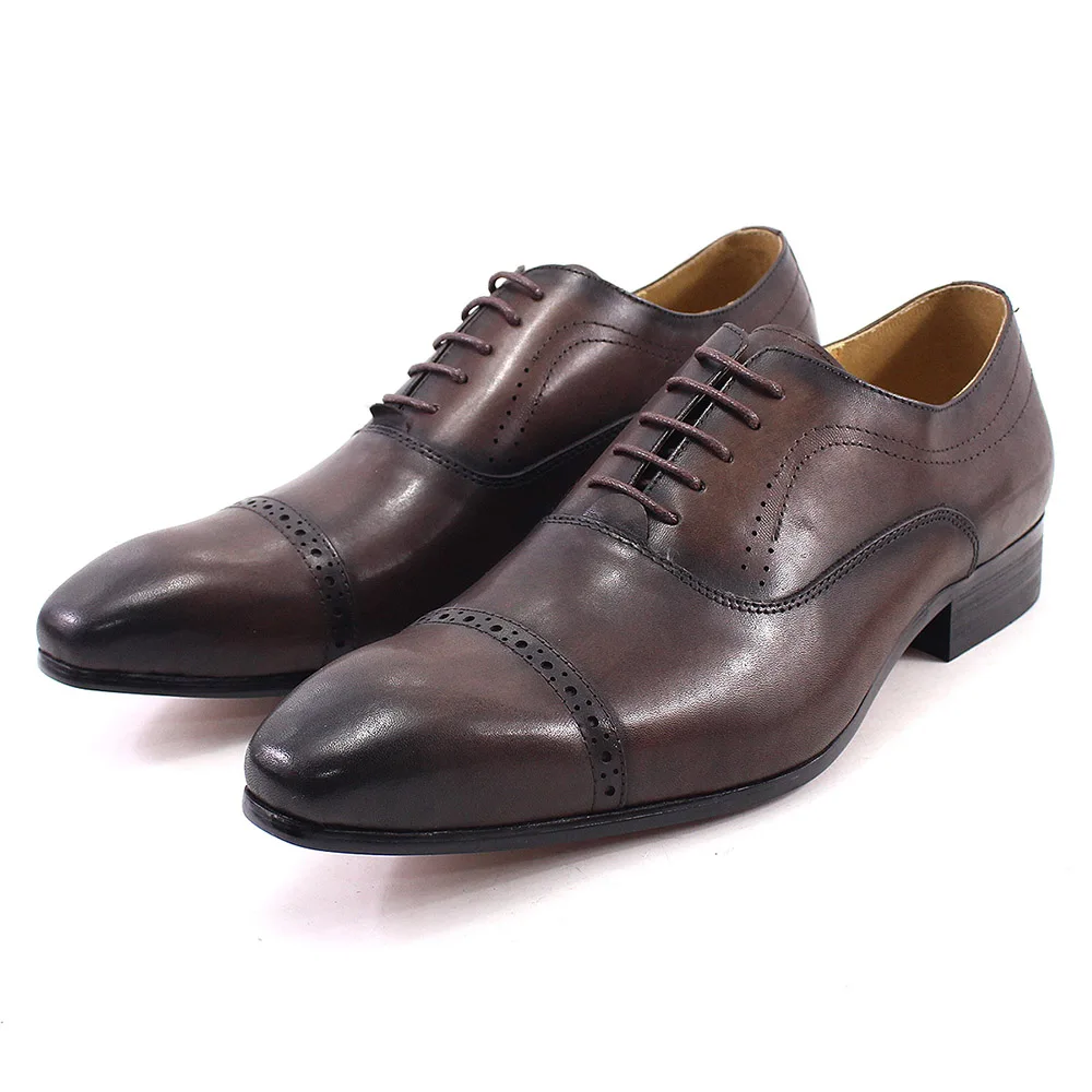 Classic Style Formal Men\'s Oxford Shoes Lace Up Pointed Cap Toe Brogue Casual Office Wedding Dress Genuine Leather Shoes for Men