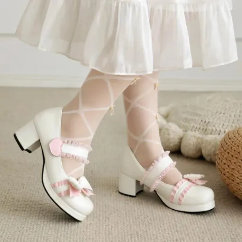 2025 New High Heels Sweet Pink Bow Pumps Shoes Women Platform Sandals Lolita Girls Cosplay Uniform Shoes Black White Plus Size