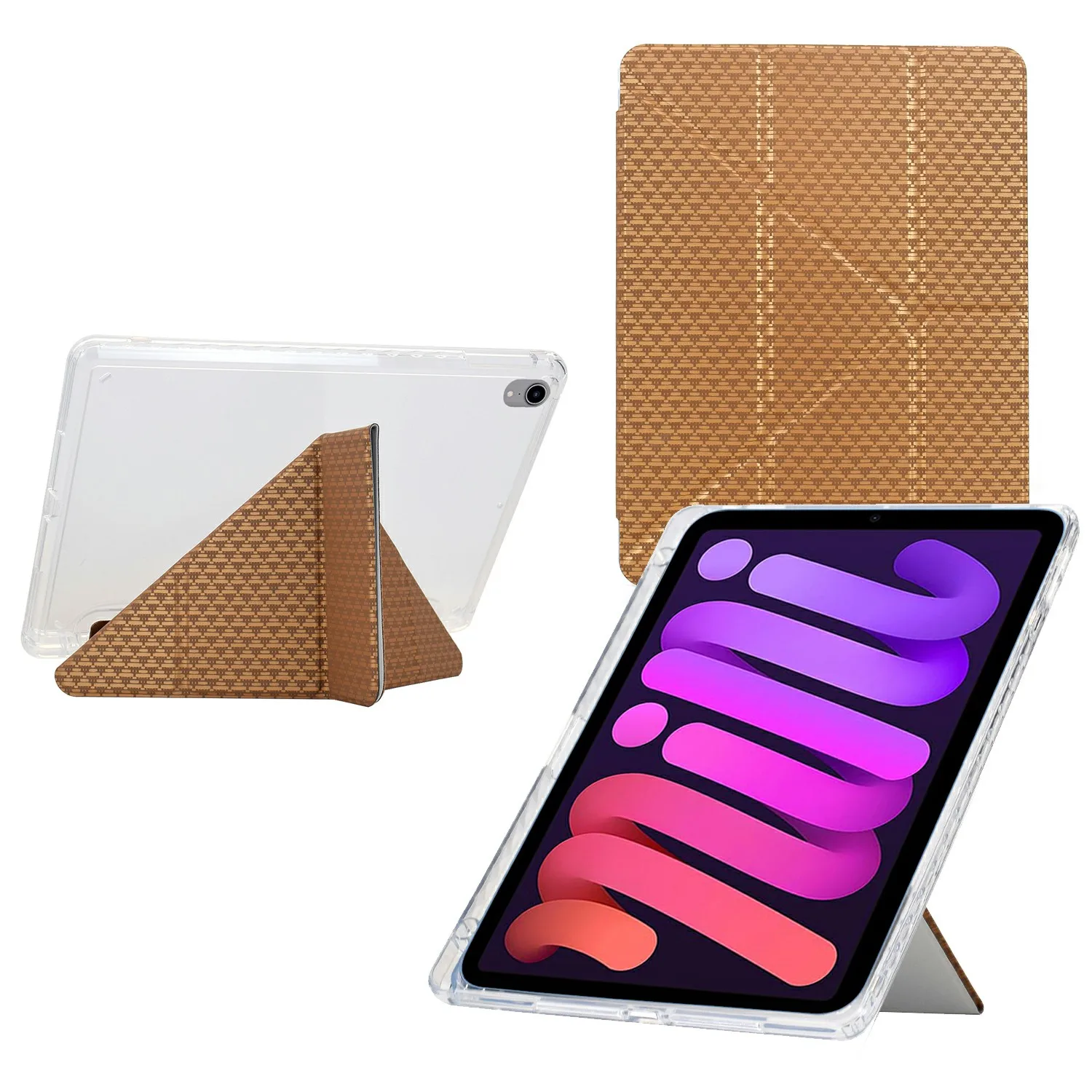 

For iPad mini (2024) / (2021) Case Y-Fold Stand Pyramid-Patterned Leather + Clear Acrylic Tablet Cover with Pencil Holder - Gold