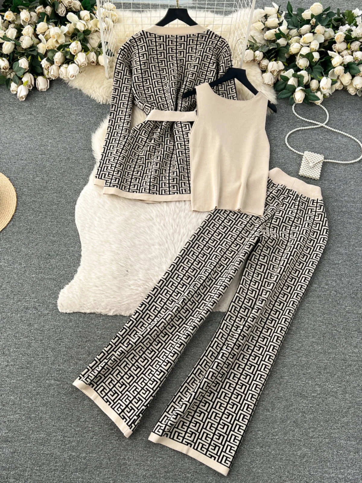 Fashion Printed Coat Inner Vest Wide Leg Pants Casual Loose Knitted Three-Piece Suit Women Outfits 2024 Autumn New Sweater Sets