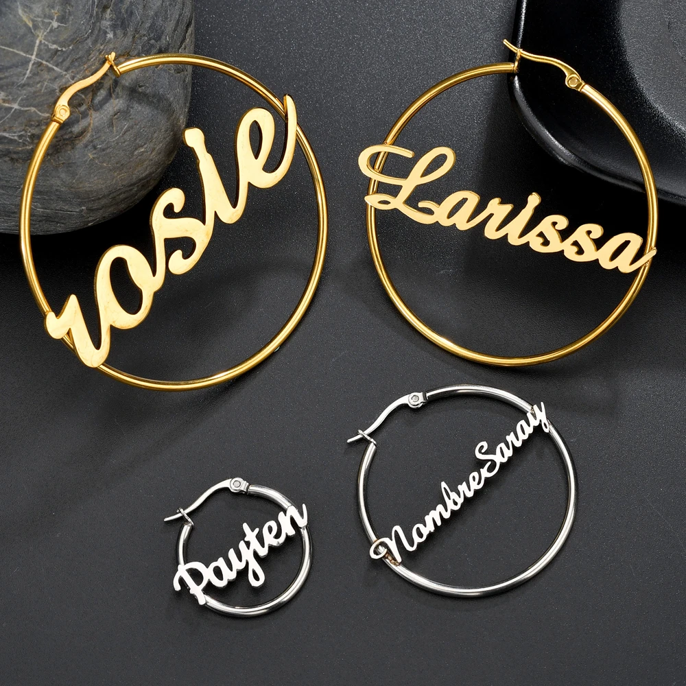 Haiyufly Personalized Custom Name Earring for Women Girls Hoop Earrings Stainless Steel Mother Kids Christmas Jewelry Gift