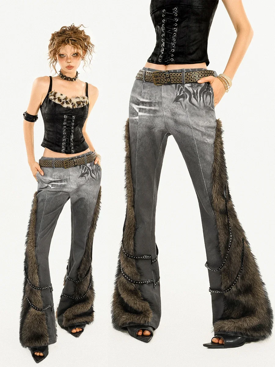 IMU Vintage Lazy Slight Flare Trousers Women Gothic Punk Fur Patch Raw Edge Slim Long Denim Capris Pants Grey