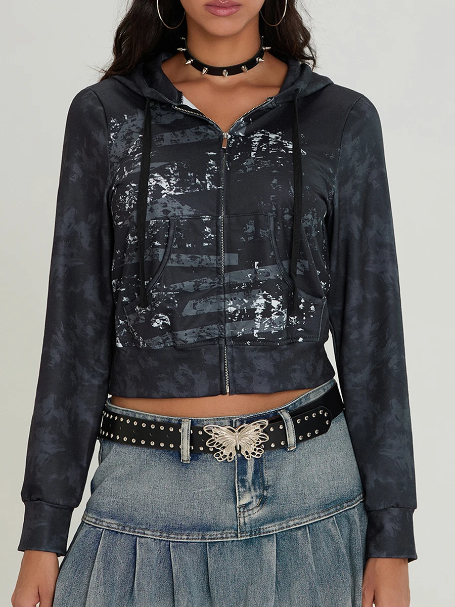 Womens Y2k Zip Up Graphic Striped Star Printed Crop Hoodie Aesthetic 90s Skull Jacket Slim Fit Grunge Long Sleeve Sweatshirt