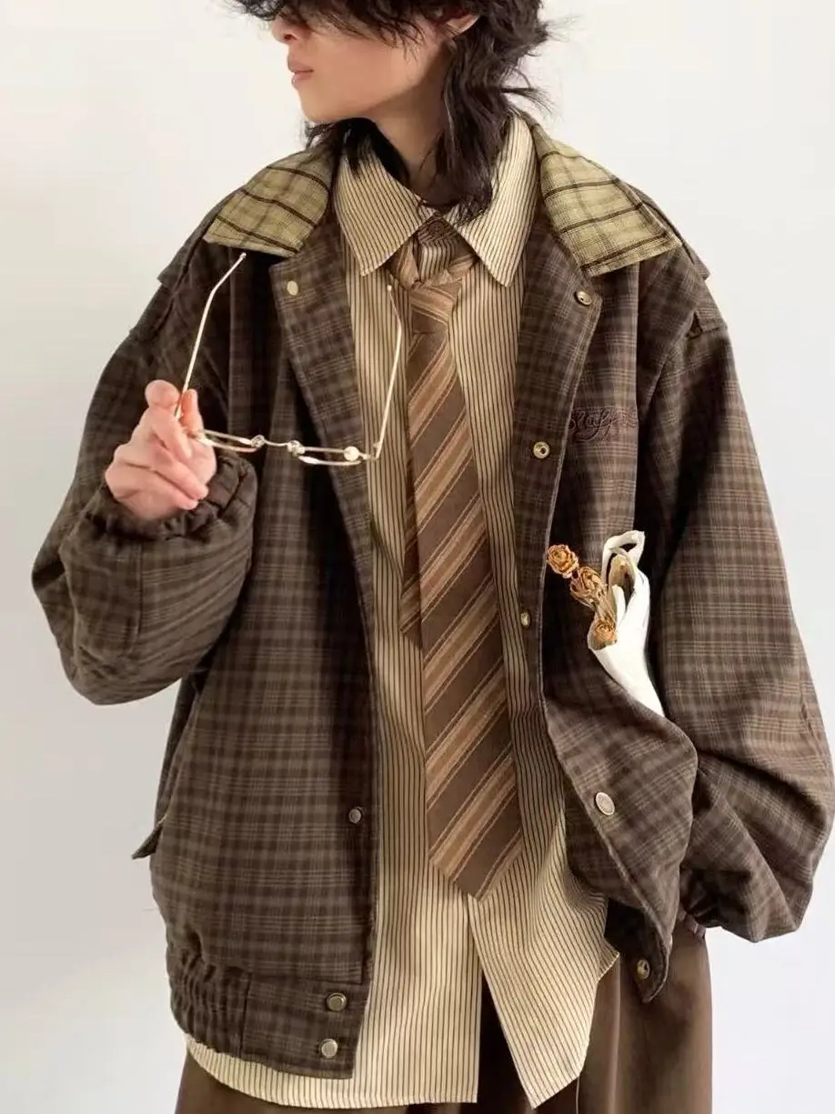 

Retro Japanese Plaid Jaet Loose Casual Collar Fem Sle Spring Autumn College Sle Patchwork Marbled Jaet