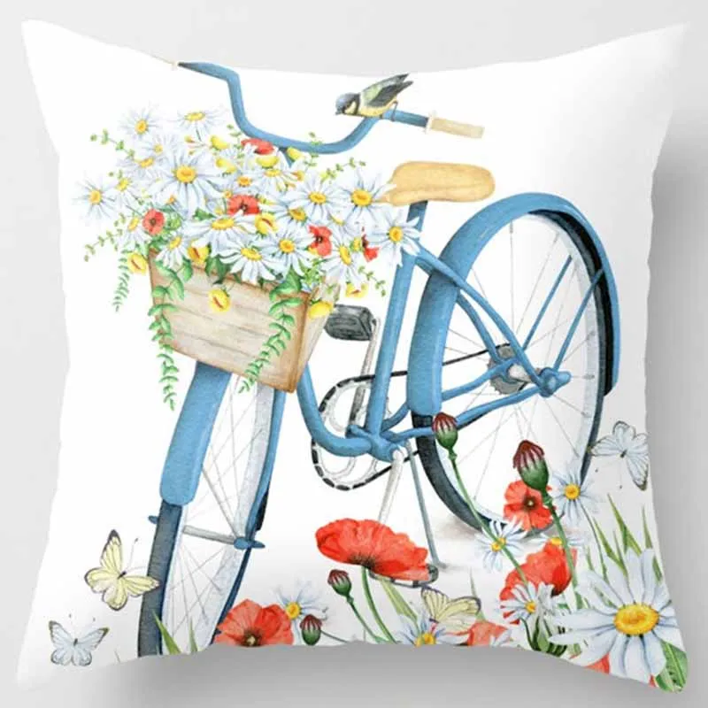 Vintage Bike Butterfly Sunflower Pink Peony Pillow Cases Short Plush Velvet  Thick  Pillow Covers Sofa Decoration Cushion Covers