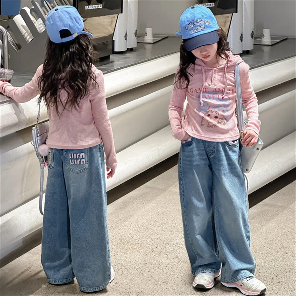 2403 Youngsters Fashion Embroidery Girls\' Jeans Children\'s Jeans Kid\'s Casual Pants Girls\' Wide Leg Pants