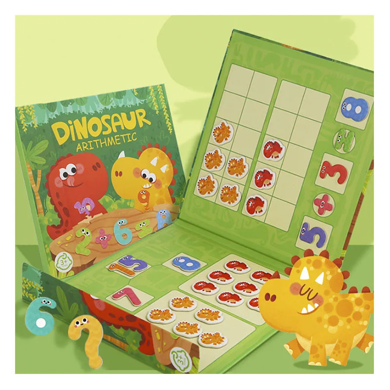 Libro magnético de dinosaurios para niños, juegos Montessori, aritmética, matemáticas, adición, resta, desposición, juguetes educativos