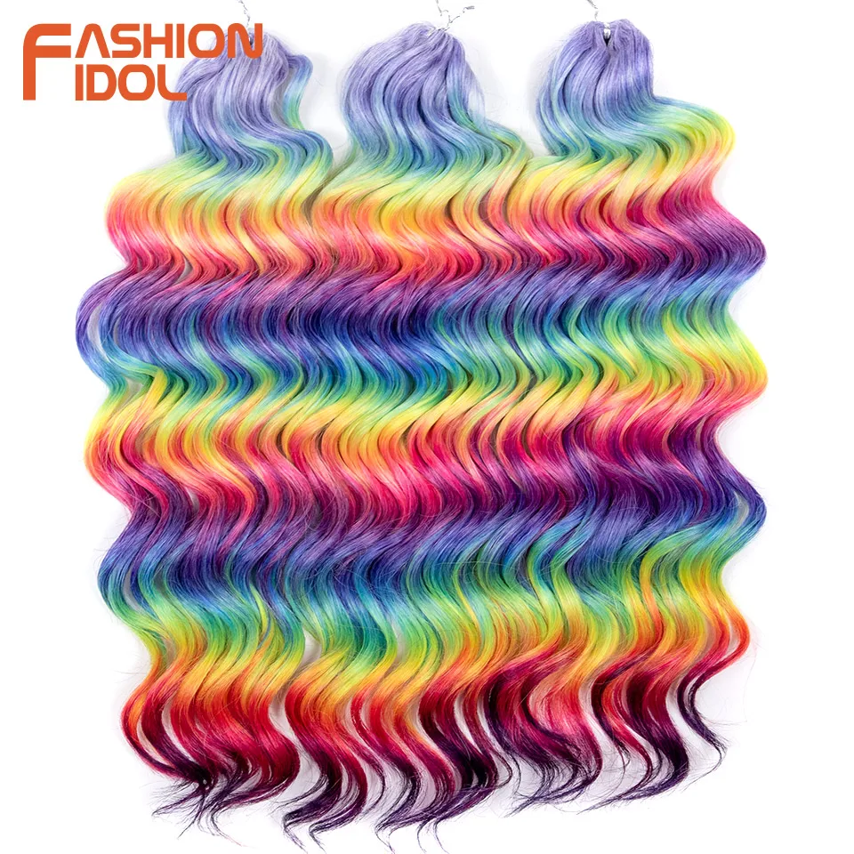 FASHION IDOL 24 Inch 3PCS Deep Wavy Passion Twist Crochet Hair Synthetic Ombre Rainbow Color Water Wave Braiding Hair Extensions