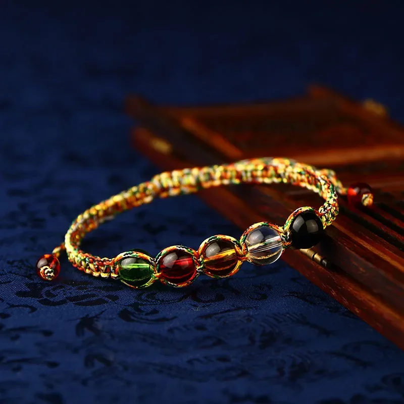 2024 Ethnic Hand-woven Multicolored Rope 5 Colors Glass Beads Stretch Chinese Five Elements Fengshui Rope Charm Lucky Bracelets