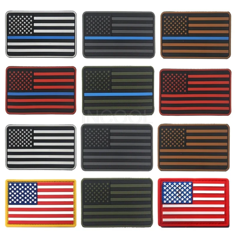 American Flag PVC Rubber Patch US USA United States Thin Blue Red Line Hook Back For Cap Clothing Jacket