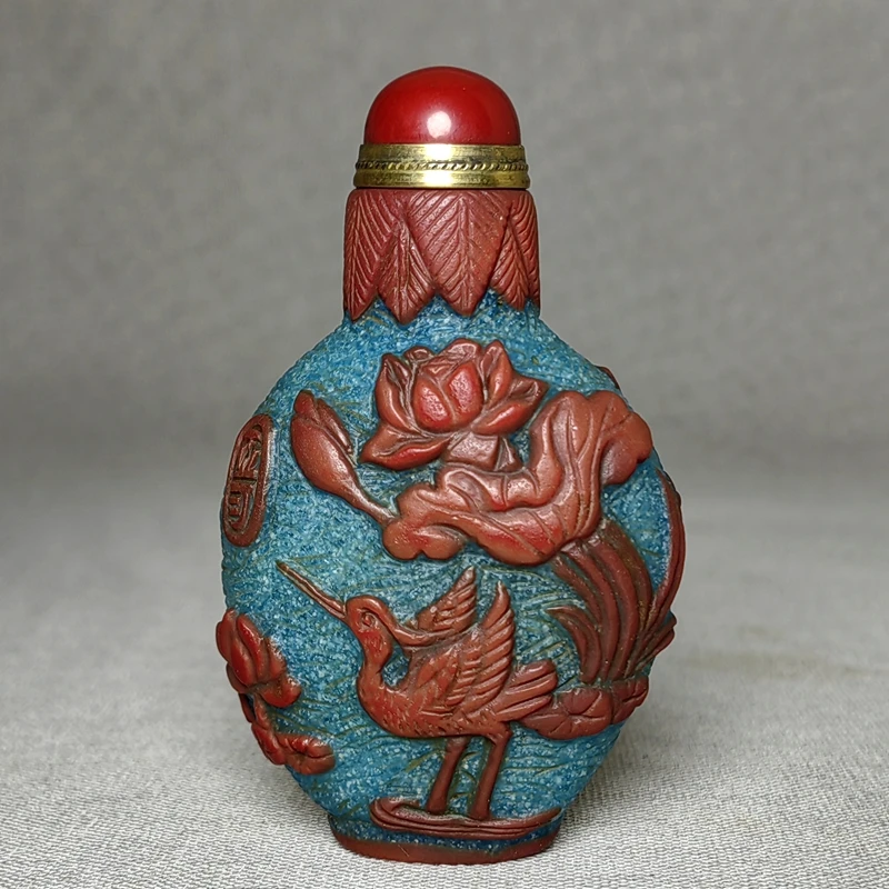 YIZHU CULTUER ART Size 8.2×4.8 cm Chinese Old Beijing Glaze Carving Bird Lotus leaf Crane Statue Snuff Bottle