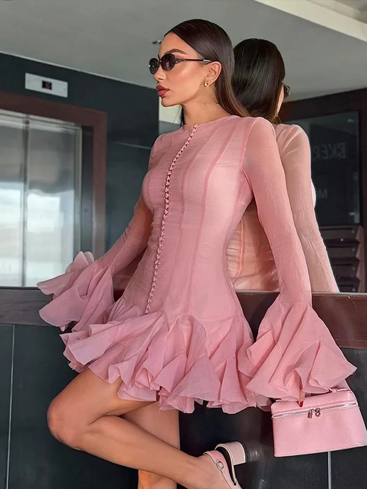 

Women Elegant Waist-cinching Single Breasted Slim Party Dresses Female Chic Party Holiday Vintage Flared Sleeve Puffy Mini Dress