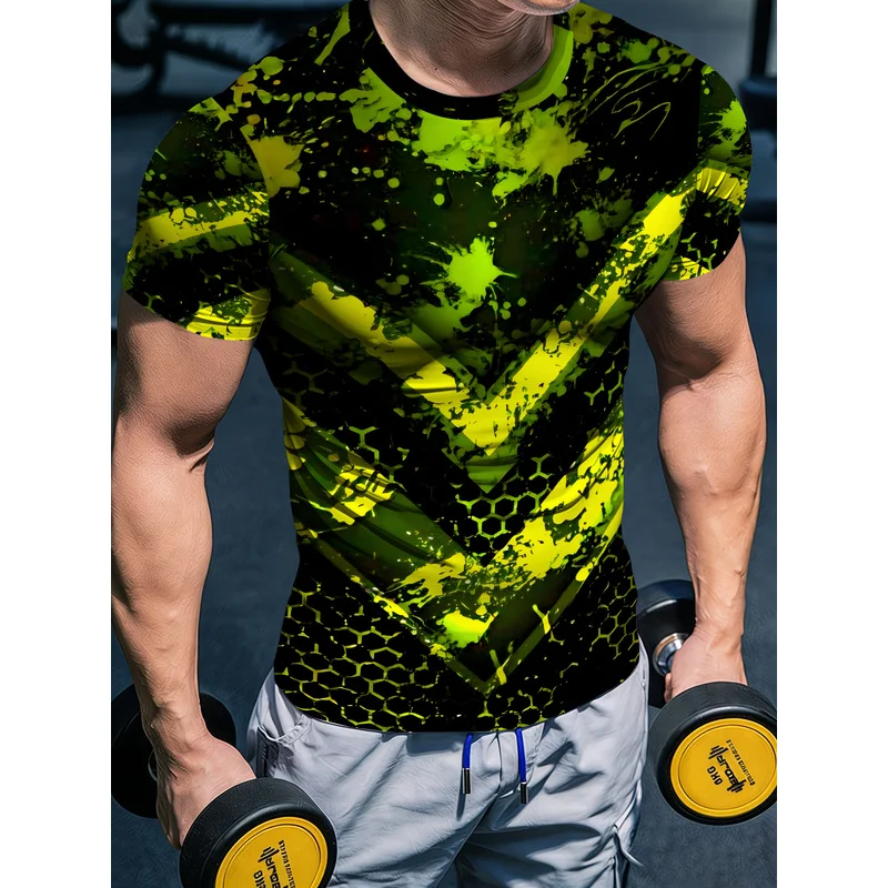 Low Key Fluorescent Men's Compression Training Base Layer Short Sleeve Crew Neck T Shirt Breathable Quick Dry Printed Design