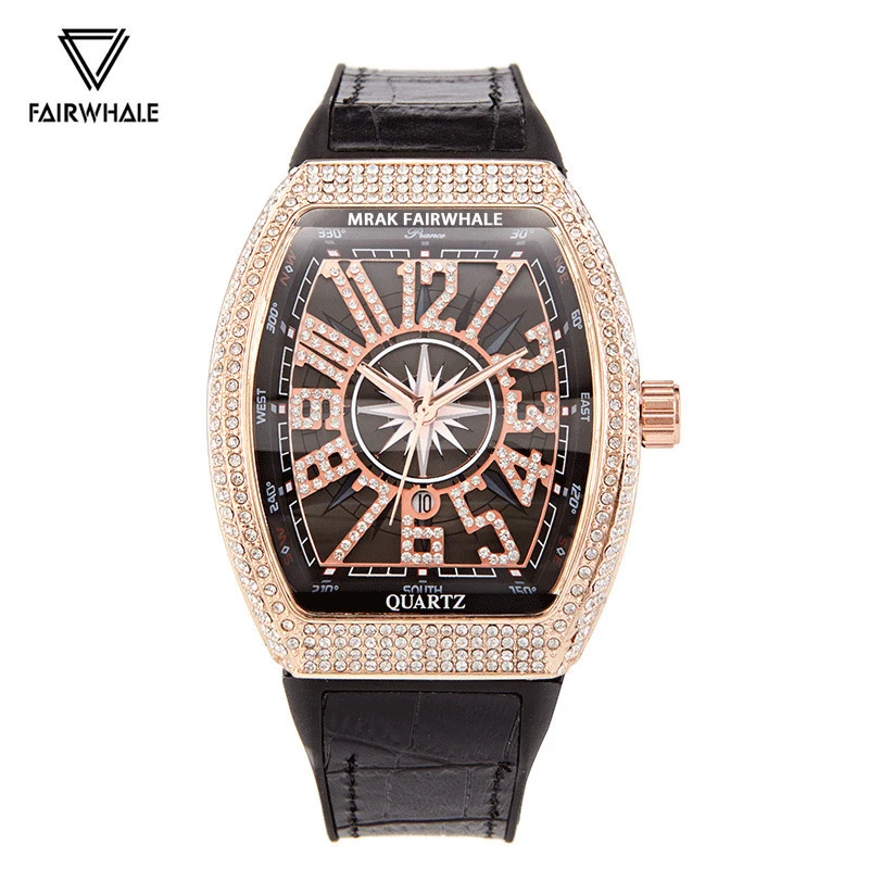 Mark Fairwhale Rose Ice Watch For Men Casual Waterproof Tonneau Watch For Man Fashion Diamond Jewelry Wristwatch Hot Selling