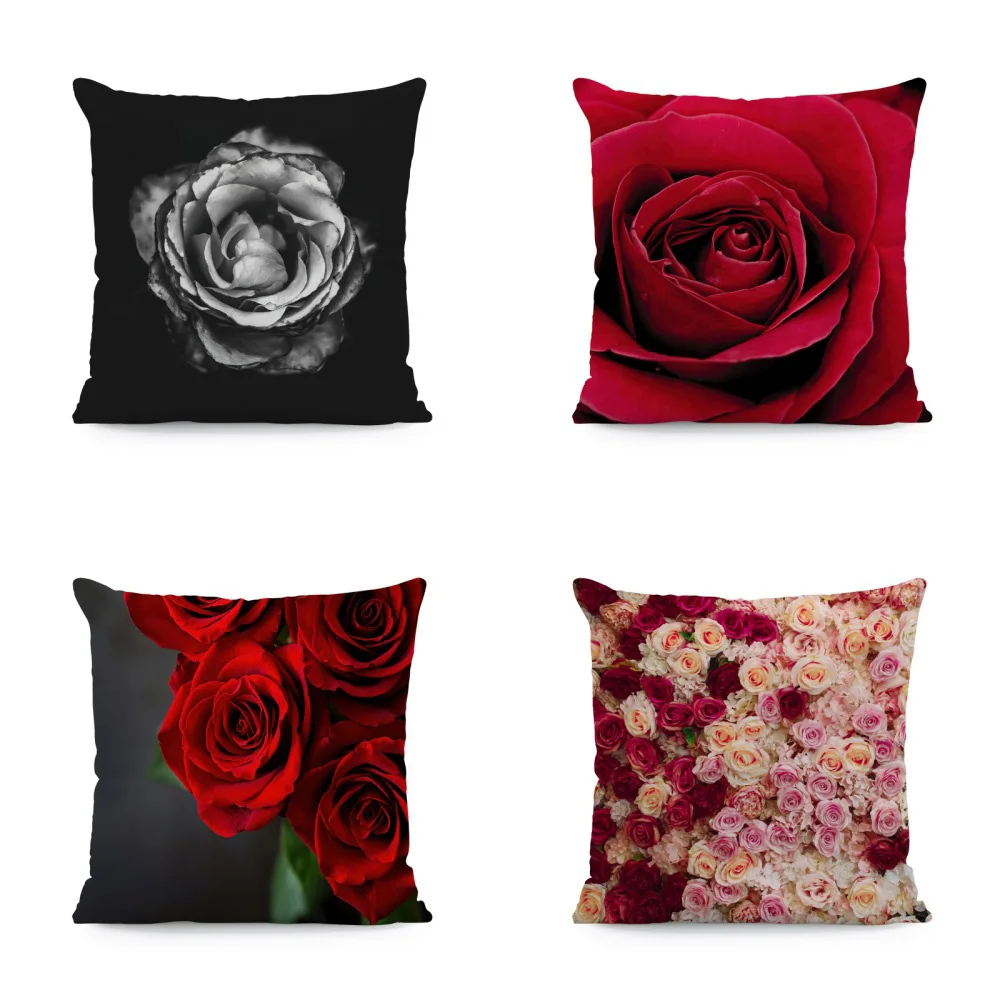 

1pc Exquisite Rose-Printed Pillowcases: Black & Red, Vivid Blooms for Your Home Decor