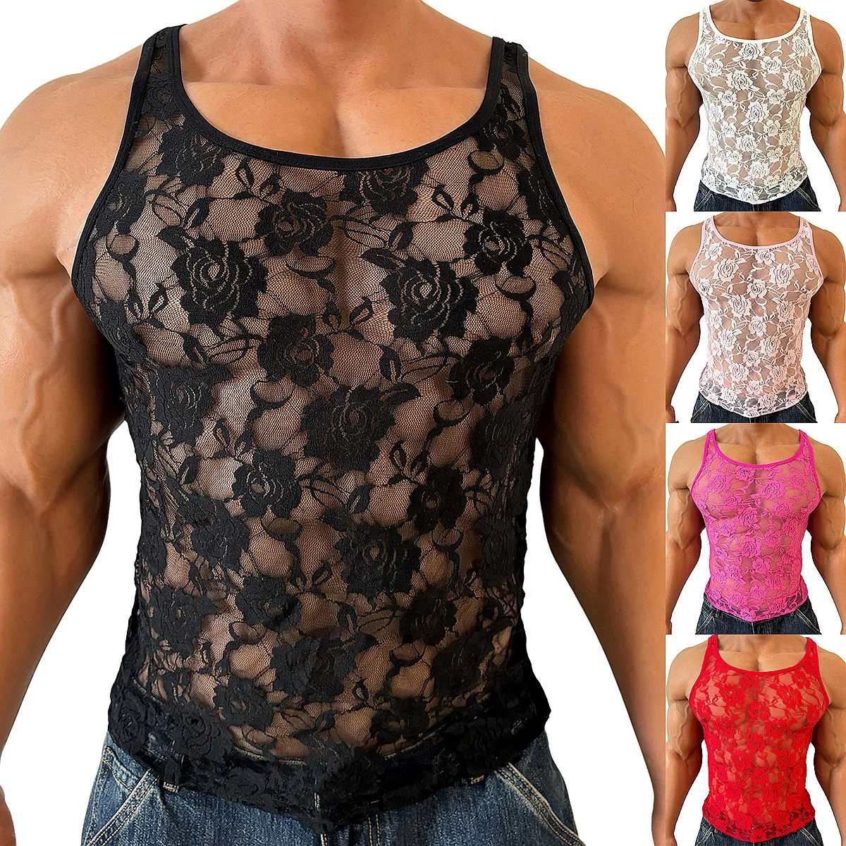 Sheer Nightclub Backless Sleeveless Tops Blouses, High Stretch Rose Lace See-through Tee Tops for Summer Spring