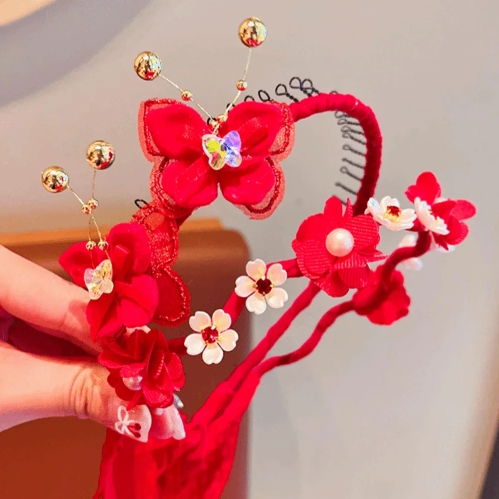 Desempenho vermelho estilo chinês bandana borla bola antigo headwear pérola flor bonito ano novo cabelo hoop tang terno