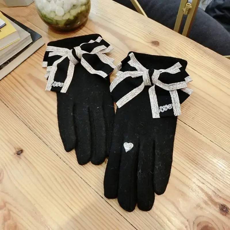 Letter Bow Cashmere Gloves Korean Fashion Winter Thick Warm Double Layer Female Ring Finger Touch Screen Gloves Female