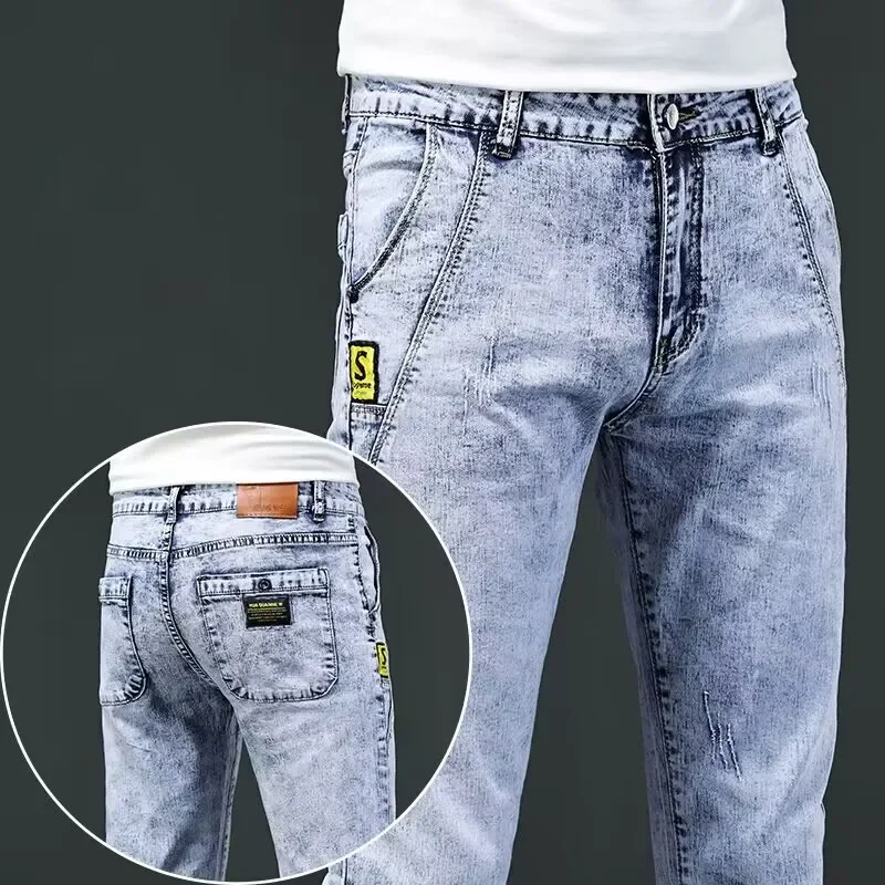 

Fashion Vintage Jeans Men New Skinny Washed Snowflake Slim Pants Classic Skinny Elastic Male Casual Denim Trousers
