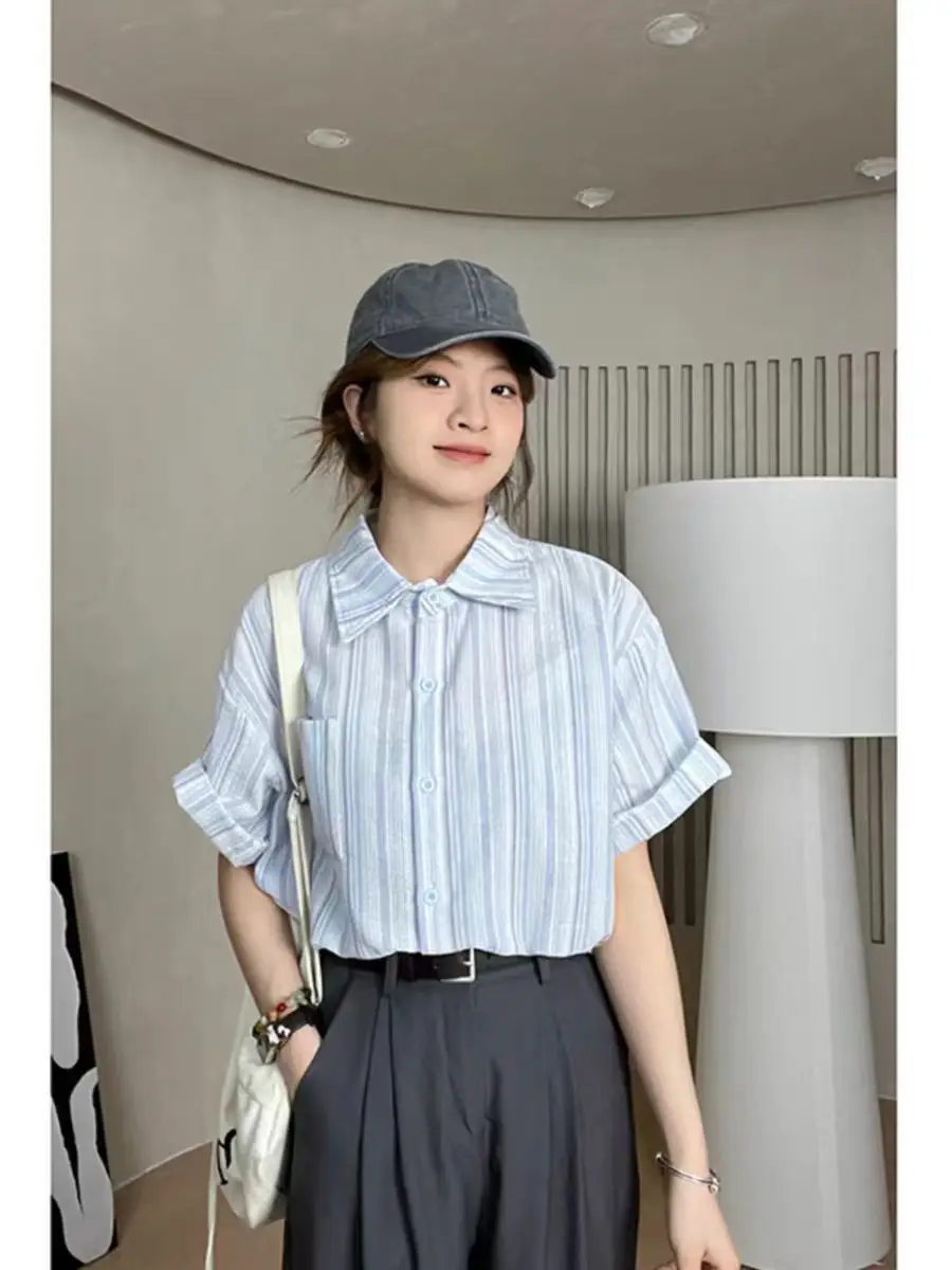 Age-reducing Versatile Striped Short-sleeved Shirt Korean Women's Casual Loose Lapel Top Trendy