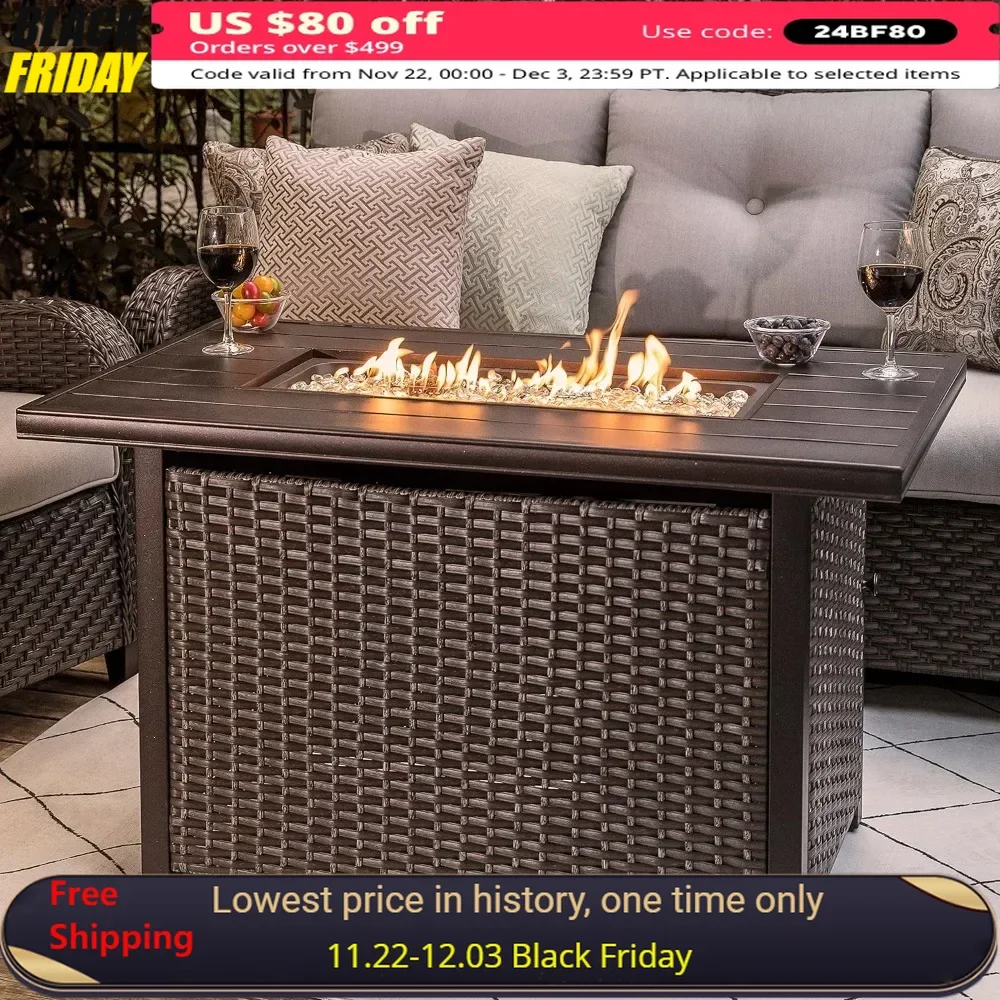 43-inch Fire Pit Table, Aluminum Tabletop, PE Rattan Weaved Steel Frame, Water-Proof Oxford Cover, Glass Bead, Lid, Gas Fire Pit