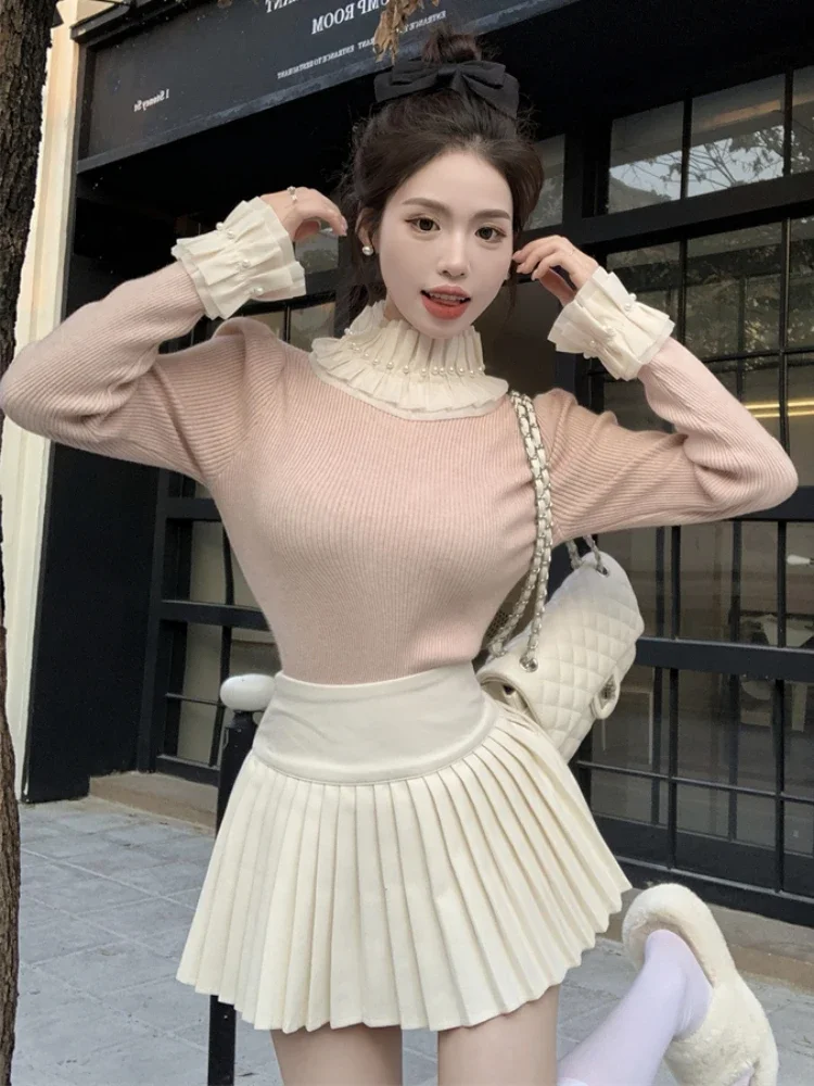 Turtleneck Sweaters Women Spliced Beading Slim Temperament French Style Aesthetic Exquisite Prevalent Autumn Winter Sweet Street