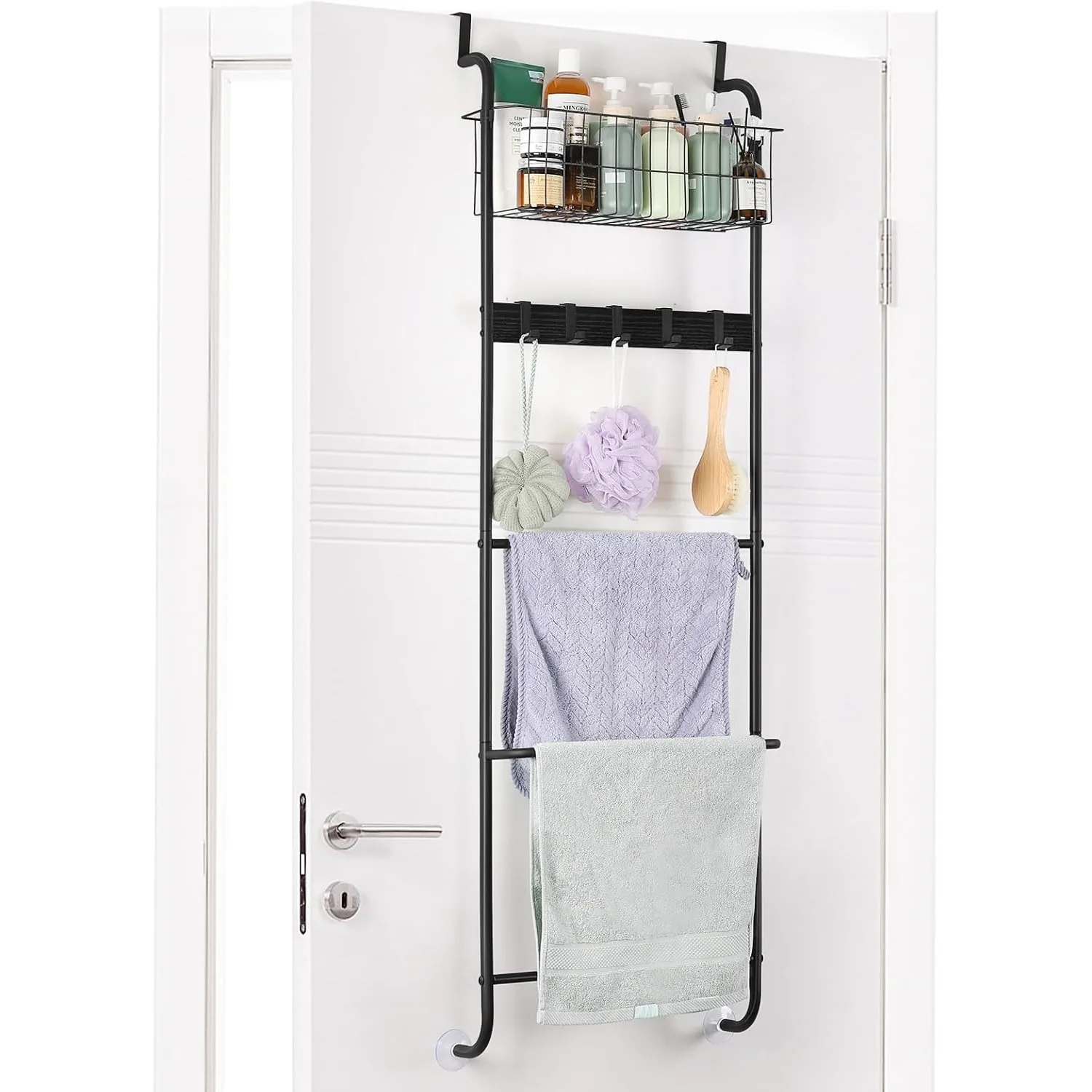 

5-Tier Over The Door Towel Rack with Hooks & Basket | Metal | for Bathroom & Bedroom | Black