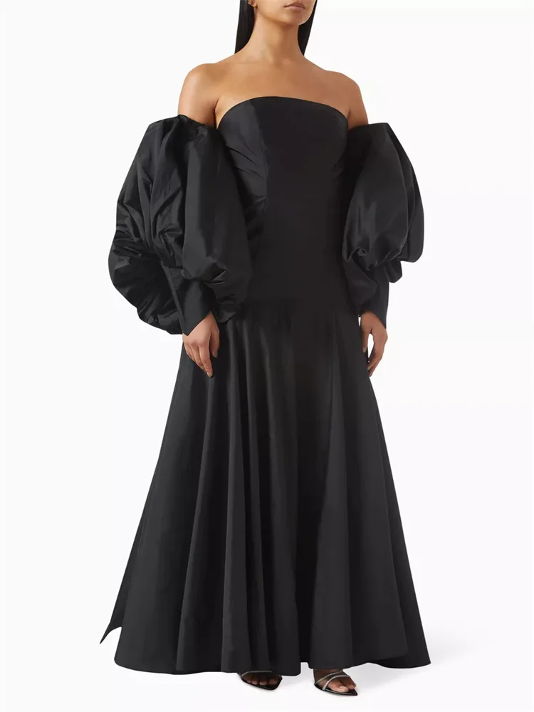 

Hot Selling Off Shoulder Neckline Long Puff Sleeves Satin A-Line Evening Dress Open Back Zipper Floor Length Gown For Women 2024