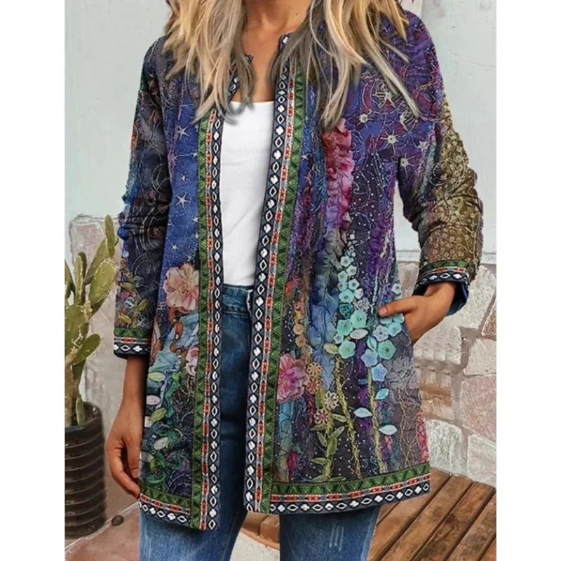 Autumn Winter Retro Ethnic Floral Printed Coat Women's Fashion Cardigan Long-sleeved Jacket Women's Loose Streetwear Jacket Tops