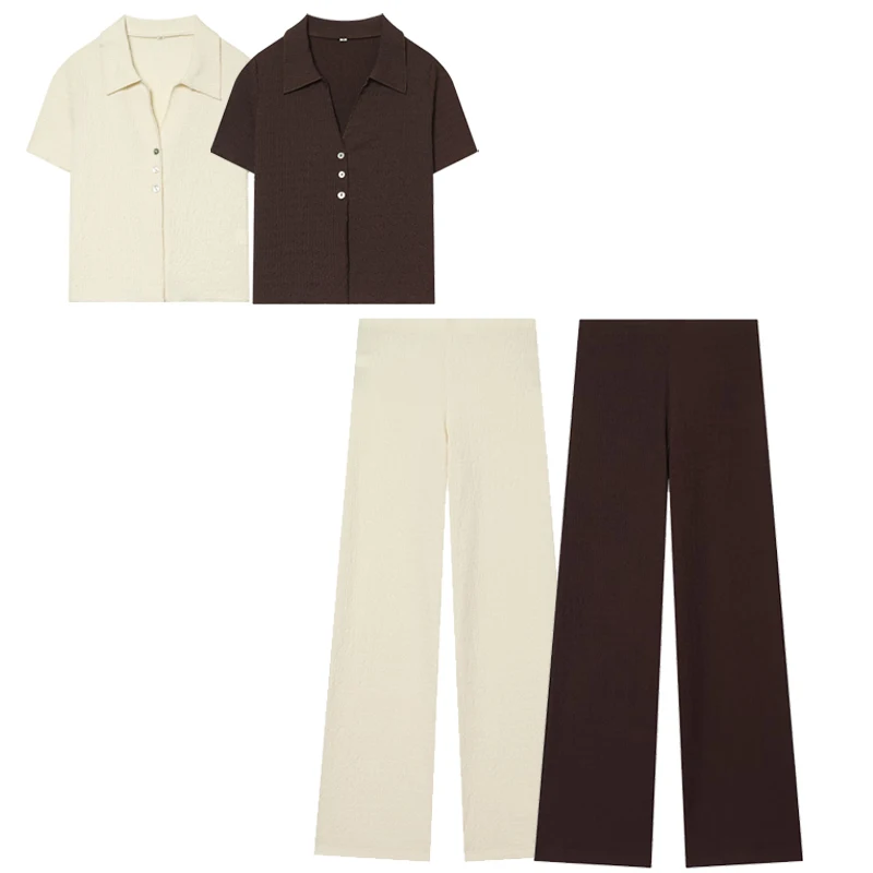 HXAO Textured Pants Sets Women's Suit Crop Short Sleeve 2 Piece Set Elegant Female Sets High Waist Straight Leg Trousers Outfit