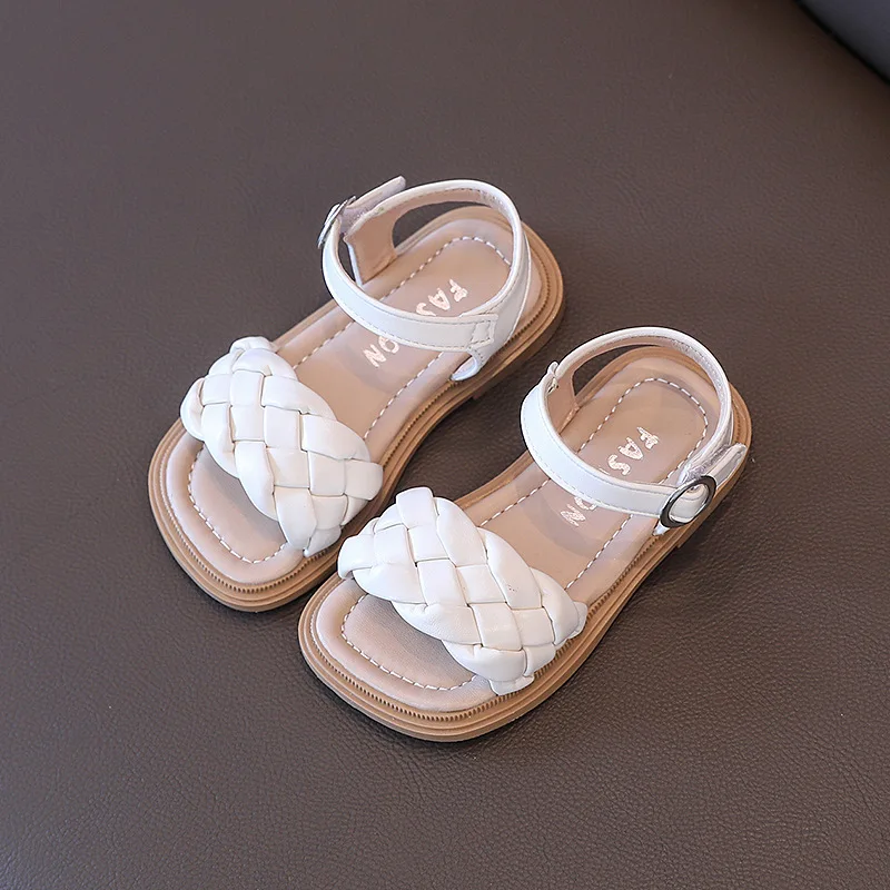 Toddler Shoes Girl Summer Braided Vacation Square Toe Cute Children Sandals Beige Yellow 21-36 Pu Leather Fashion Kids Sliders