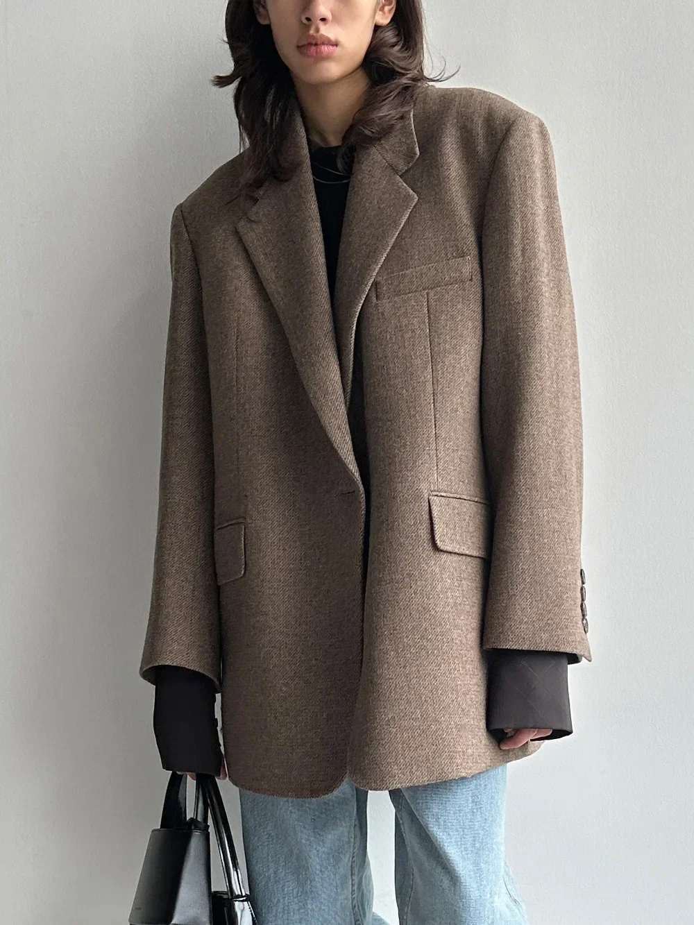 Women's Herringbone Wool Blazer Loose Fit Single Button Office Coat Outerwear Fall Winter 2026 Lady Suit Jacket