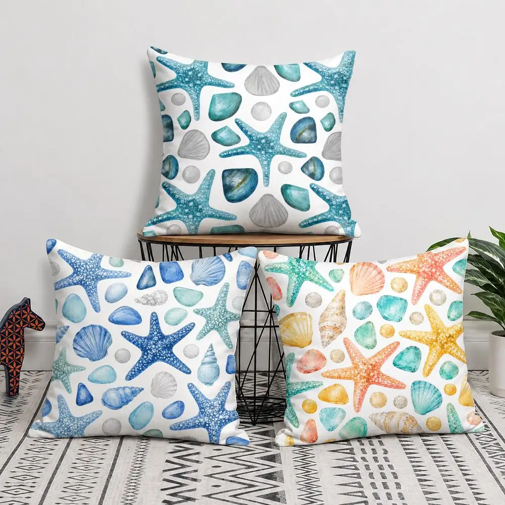 Large Starfish Shell Print Cushion Cover Short Plush Soft Double-Sided Printing Pillow Case Cozy Sofa Bedroom Home Decor Gift