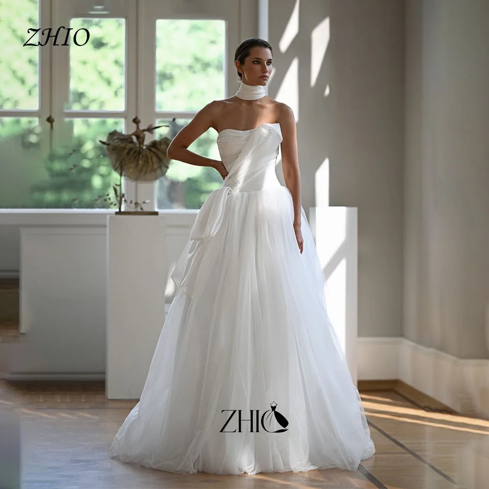 ZHIO Luxury Strapless Pearl Beaded Tulle A Line Wedding Dress Bridal Gown Scarf Neck Corset Back Reception Gowns Customized