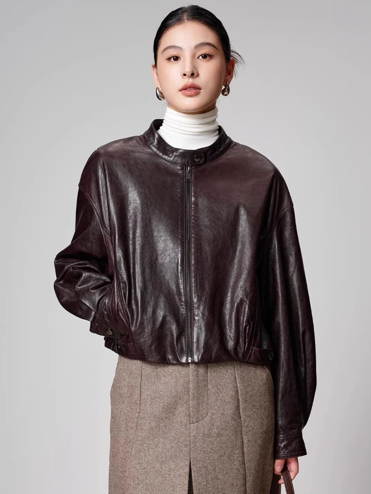 

Casual Cropped Genuine Leather Jackets Women Spring Autumn High-end Simple Stand Collar Solid Soft Oil Wax Real Sheepskin Coat
