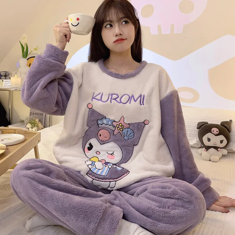 Hot Sanrio Kit Girl Flannel Round Neck Winter Keep Warm Pajama Set Kawaii Kuromi Comic Student Fashion Thickening Leisure Wear