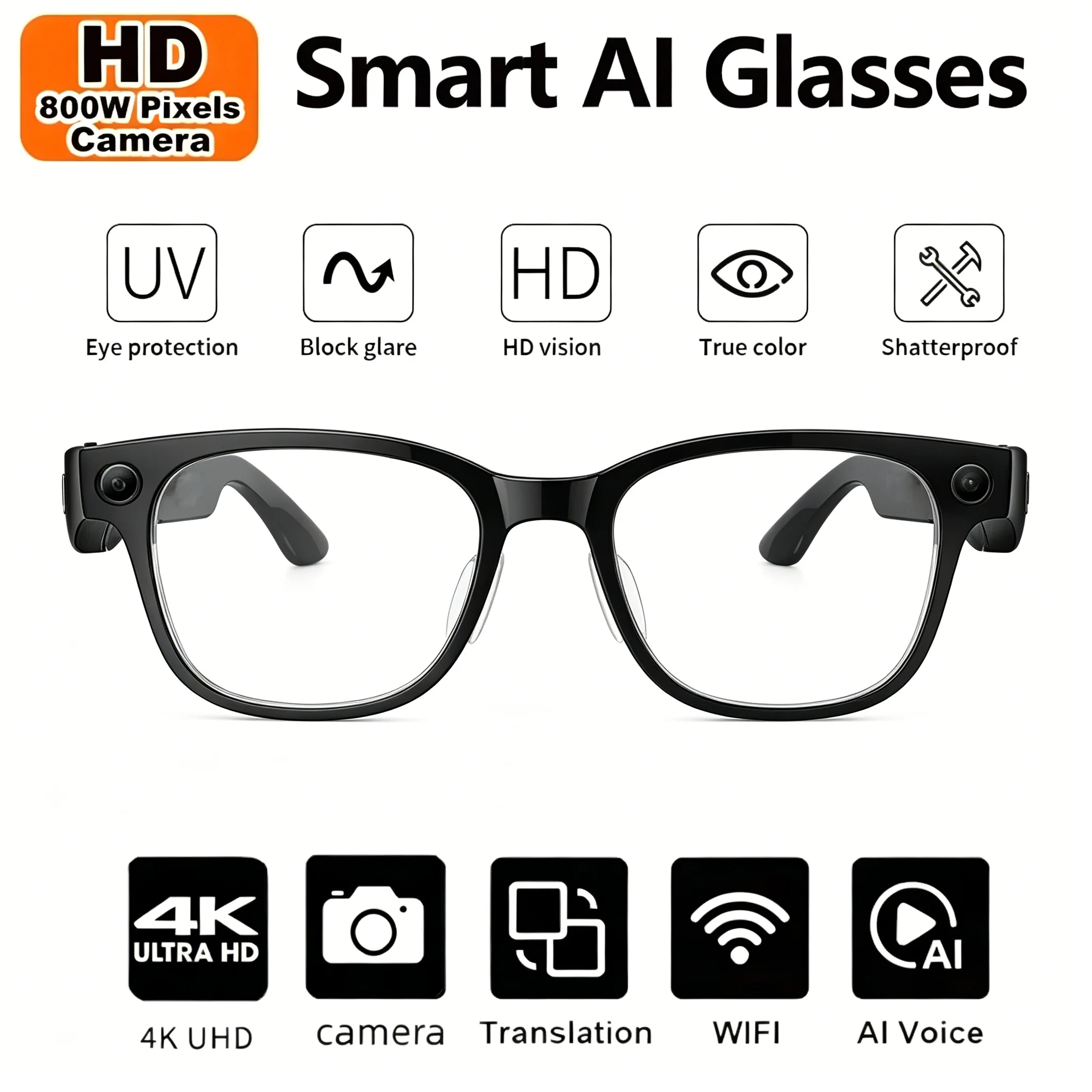 

2026AI smart glasses HD 800W anti-shake camera AI dialogue real-time translation IP67waterproof Bluetooth audio smart sunglasses
