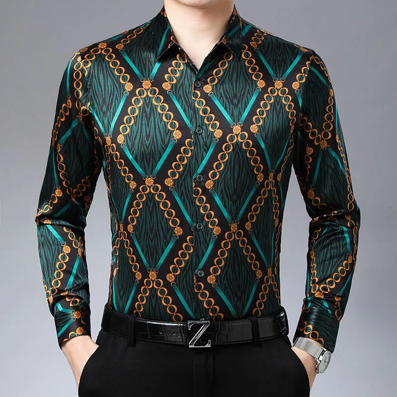 

Lightweight Print Green Shirts For Men Long Sleeve Silk Blends Summer Quality Coolness Gentleman Casual Trendy Camisas De Hombre