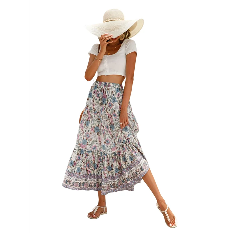 

CYL-Maxi Skirts For Women 2025 Summer Boho Long Flowy Floral Elastic High Waist Skirt Casual Travel Skirt