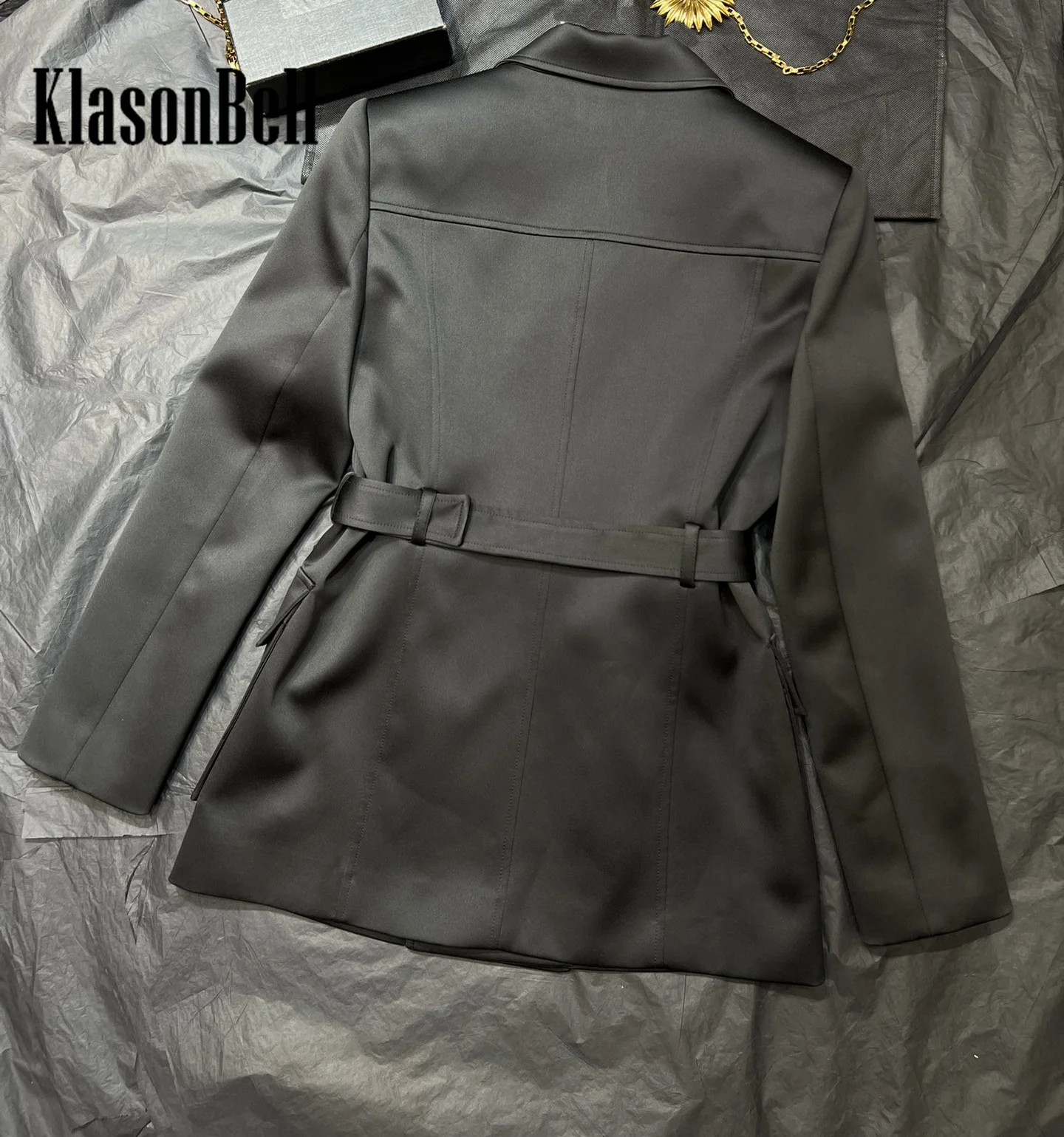 8.2 KlasonBell Women Acetate Blend Cargo Pocket Blazer Temperament Double Breasted Shoulder Pads With Sashes Design Jacket