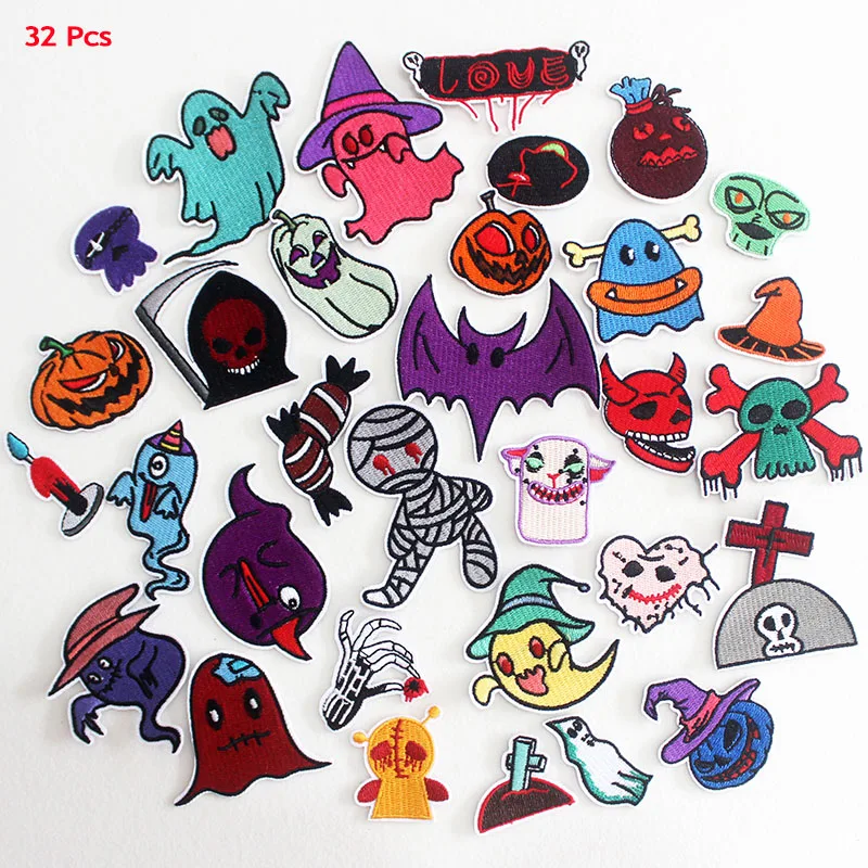 

32 Pcs/Lot Cartoon Cloth Patches Iron on Skull Halloween Ghost Festival Pumpkin Stickers for Clothing KIds Embroidery Stripes