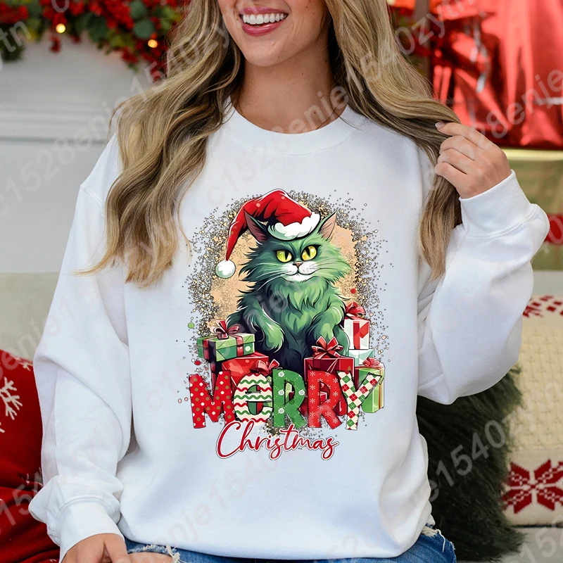 Christmas Cat Print Sweatshirt, Casual Crew Neck Long Sleeve Pullovers Top For Autumn & Winter, Women\'s Sweatshirts