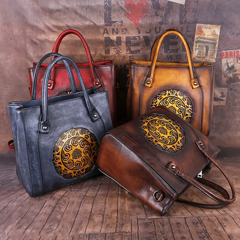 

Retro Genuine Leather Handbag 2025 New Handmade Embossed First Layer Cowhide Leisure Women's Shoulder Bags