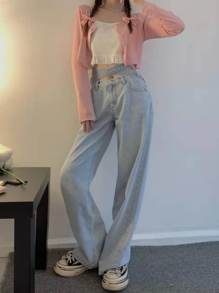 

New Arrival Korean Women's High-Waist Slim-Fit Drape Wide-Leg Jeans with Tie Detail Floor-Length Versatile Long Casual Pants
